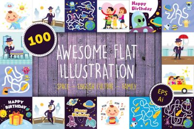 Free Clip Art - 100 Flat Illustration Bundle - cover